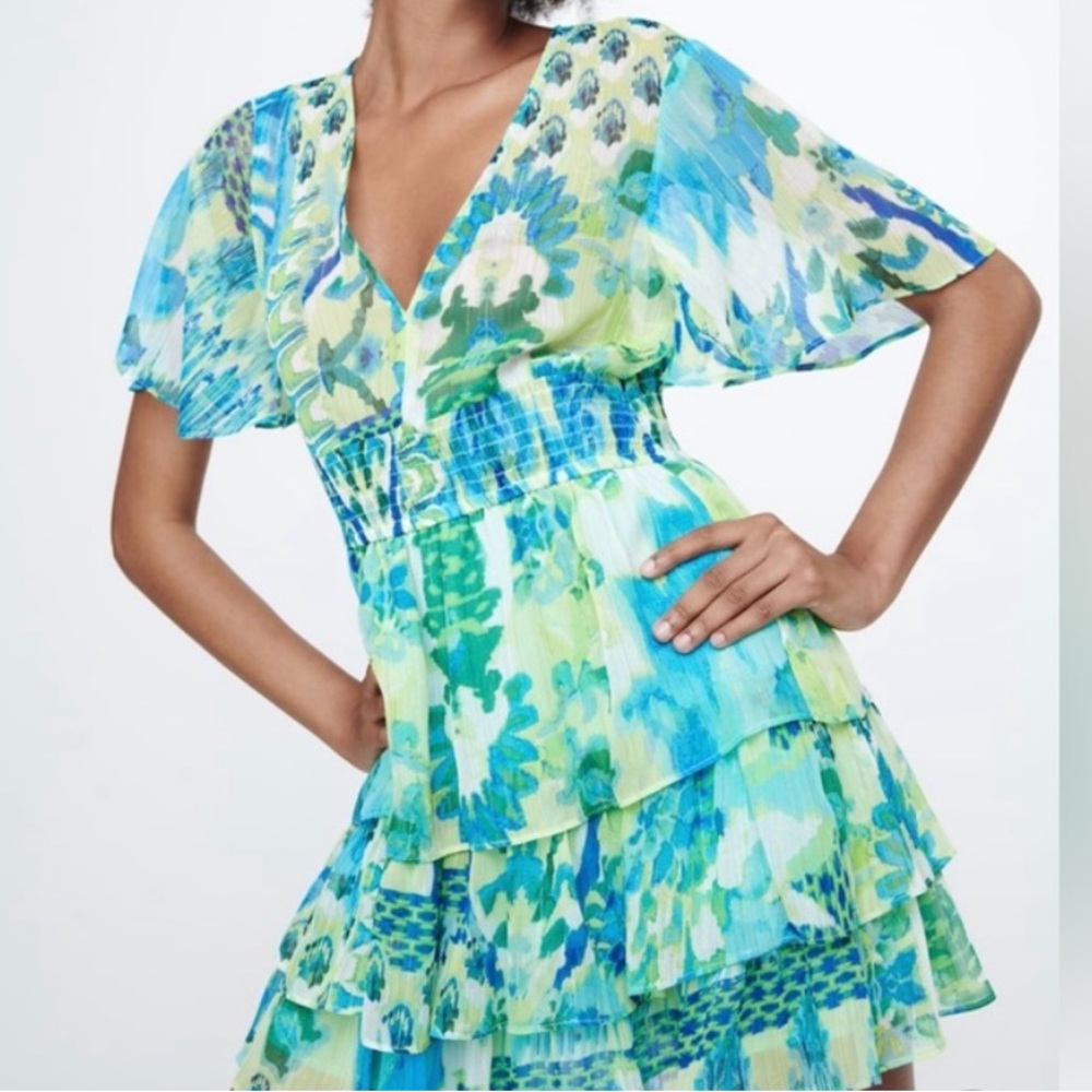 Zara Ruffled Print Multicolour Blue Green Dress
